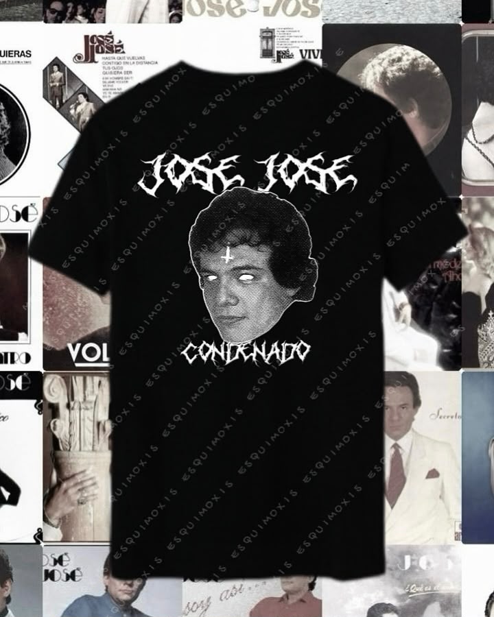 Playera negra con José José de ojos blancos y letras Condenado