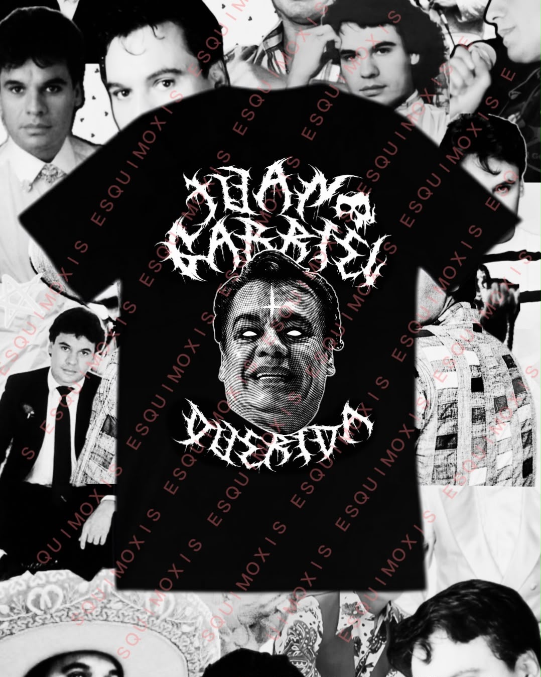 Playera negra Juan Gabriel Eterno con retrato de ojos blancos y letras extremas