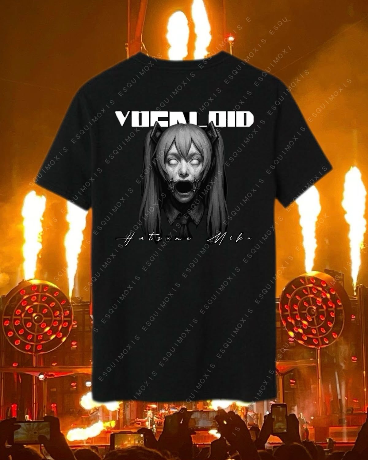 Playera con una versión monstruosa de Hatsune Miku sobre un escenario en llamas