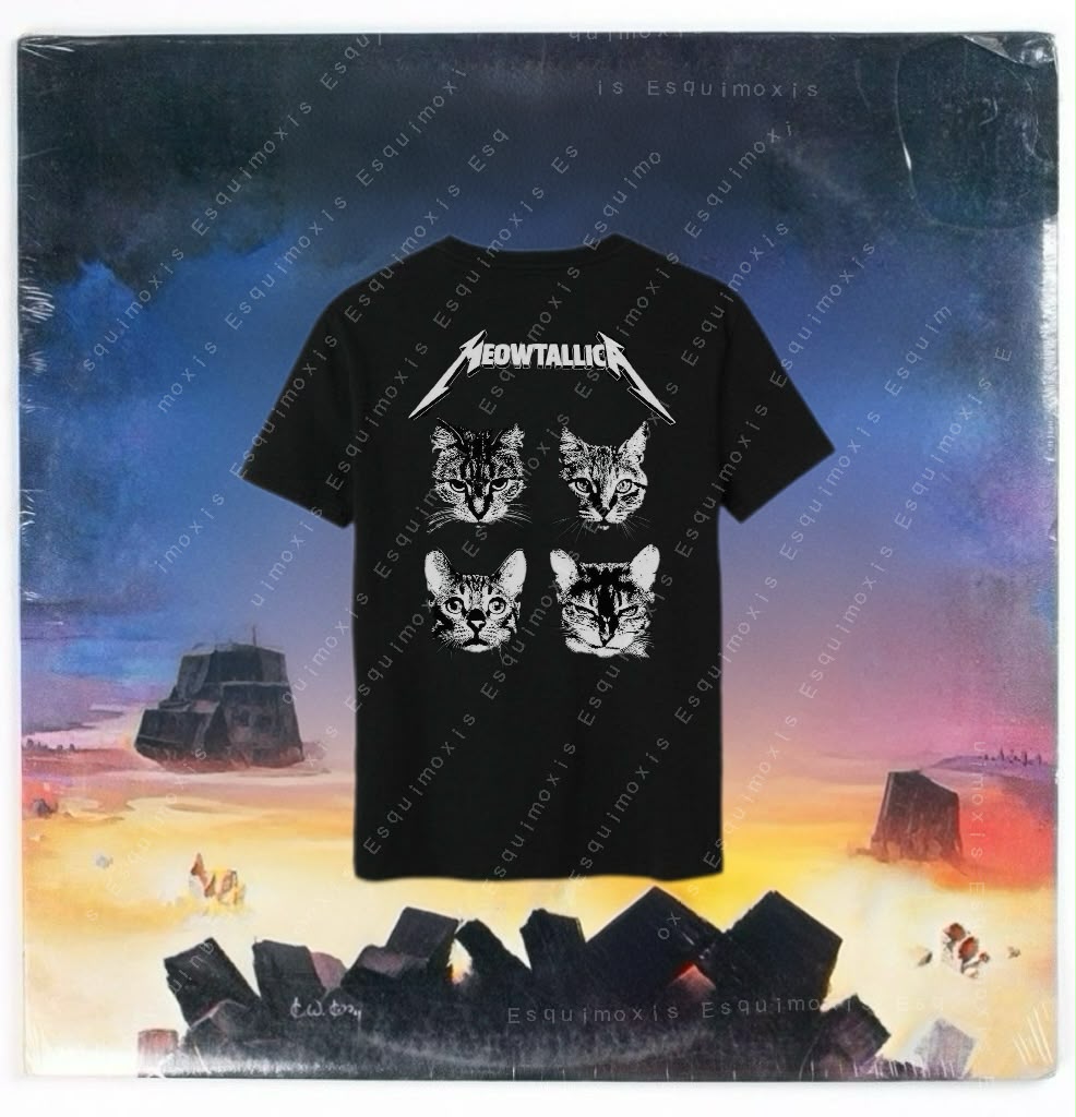 Playera Meowtallica con cuatro gatos e ilustración inspirada en una portada de metal