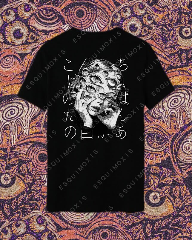 Playera con un rostro cubierto de ojos y trazos de manga de horror